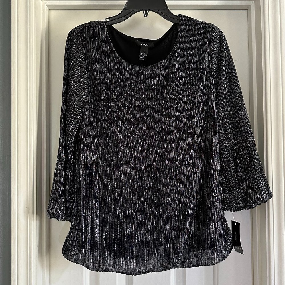 Alfani Silver and Black 3/4 Bell Sleeve Top Size L NWT